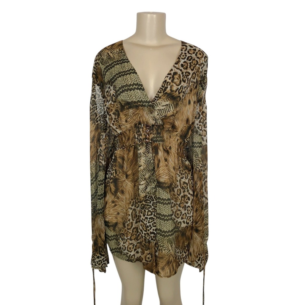 Kaelyn Max Mixed Animal Print Sheer Chiffon Tunic Top Blouse Size 2X Leopard Y2K